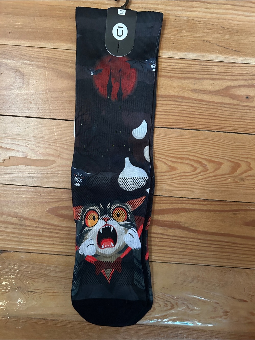 Black & Red Graphic Cat Biking Crew Socks